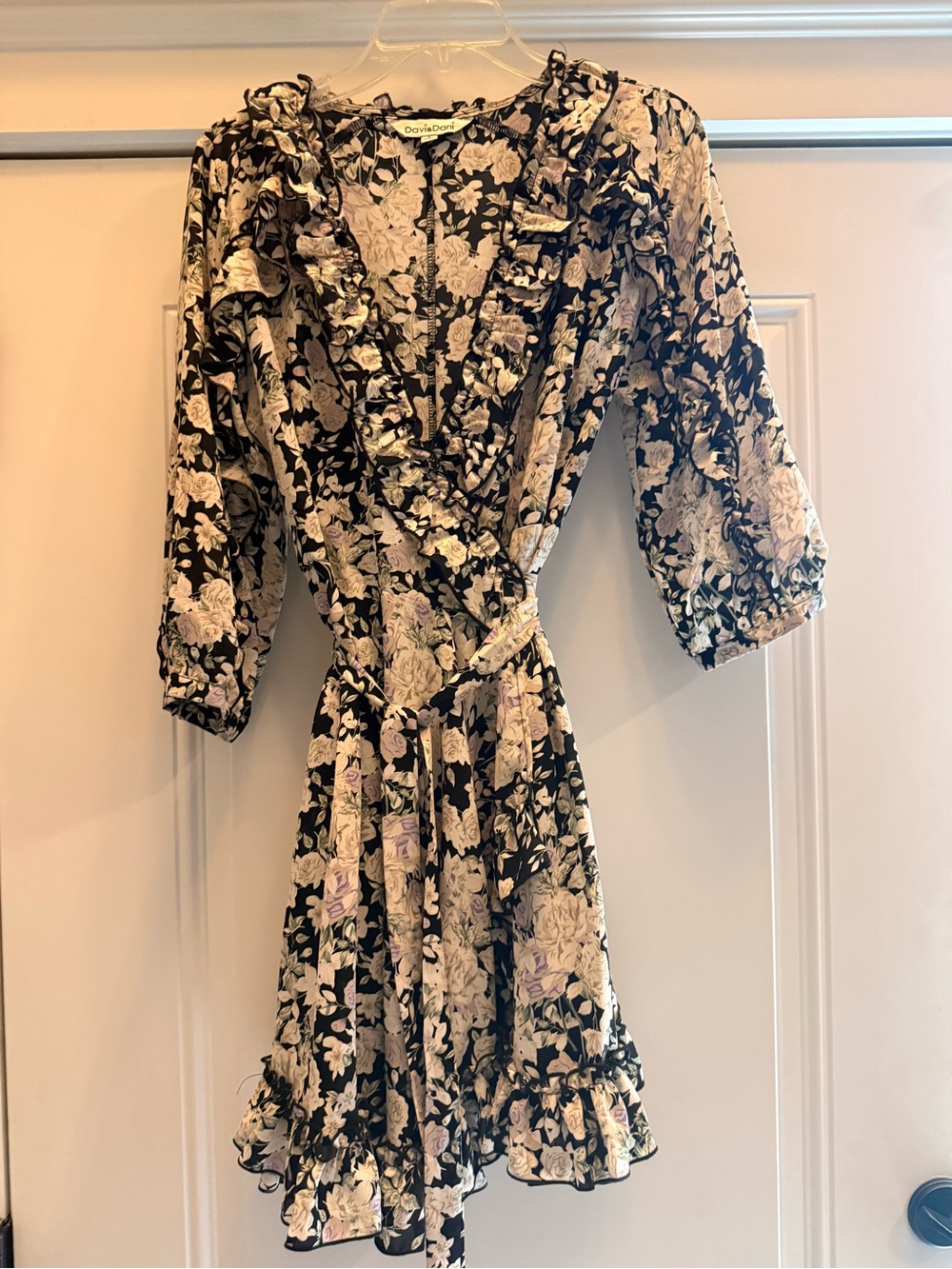 DAVI & DANI Black Floral Wrap Dress with Ruffle Trim